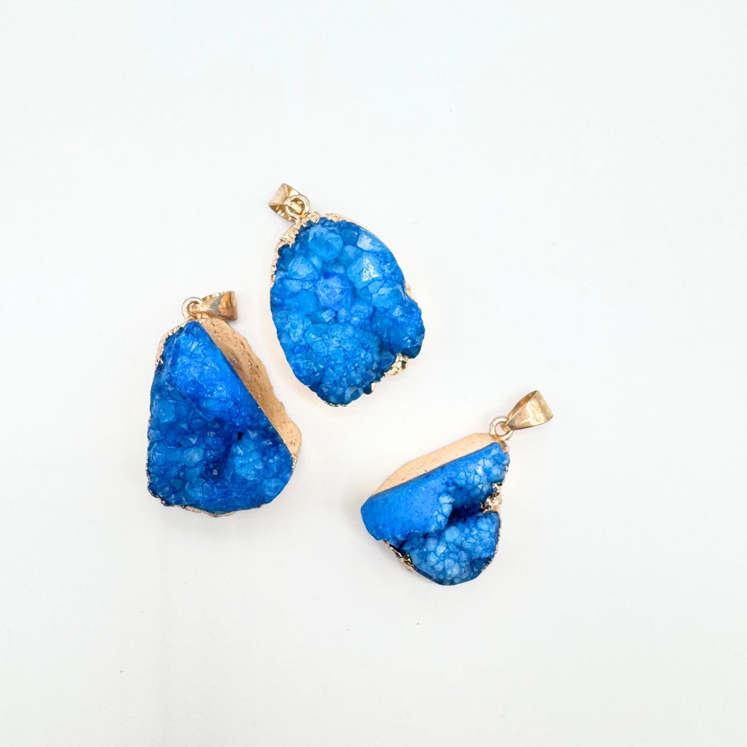 Blue Druzy Pendant, Gold Dipped, 25m x 35mm - 30mm x 50mm, Sold as 2