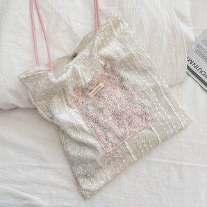 Handmade Lace Velvet Tote Bag - White
