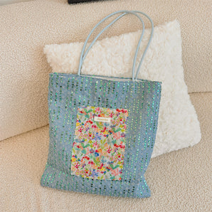 Handmade Lace Velvet Tote Bag - Blue